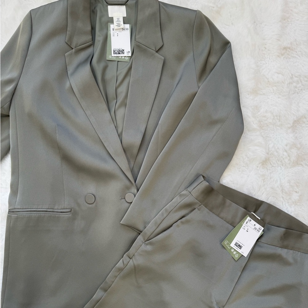 H&M Women's Elegant Satin Sage Green Blazer & Pants Set